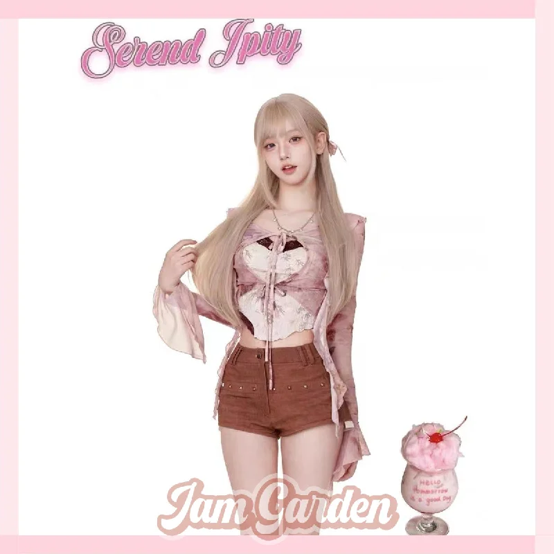 Serendipity Mulan Broken Butterfly pink butterfly cardigan + beige suspenders + coffee shorts Long Cardigan Short Cardigan Medium Cardigan
