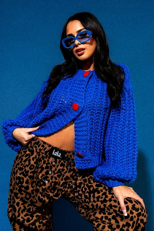 You Wish Hand Knit Chunky Cardigan in Blue Knit Fabric Woven Fabric Fleece Fabric