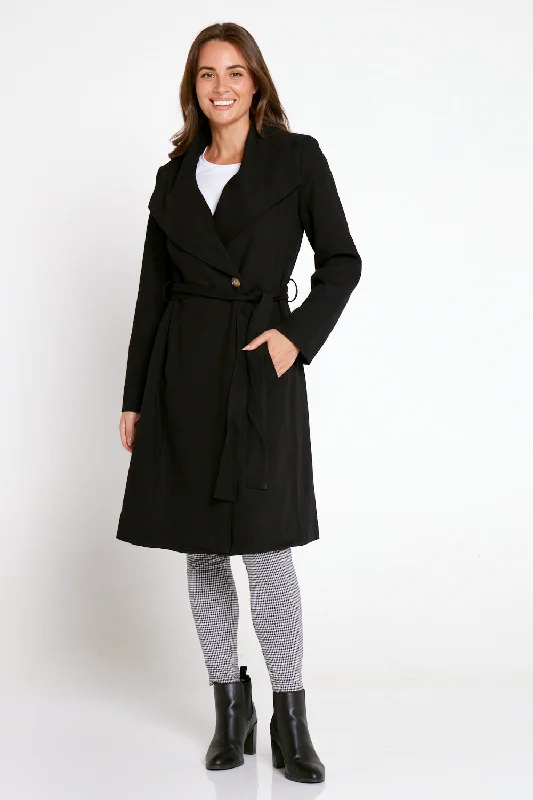Christina Wrap Trench Coat - Black Asymmetrical Collar Hooded Zippered