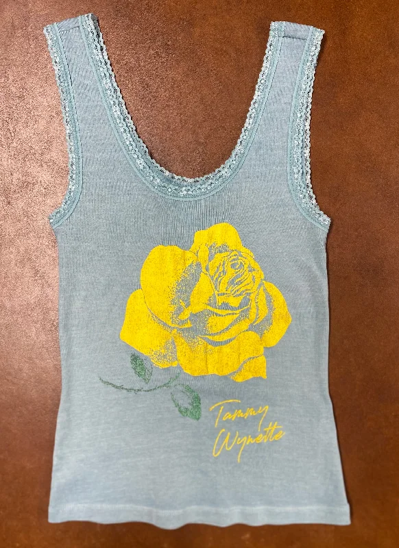 Tammy Wynette Yellow Rose Blue Lace Tank vibrant tank top