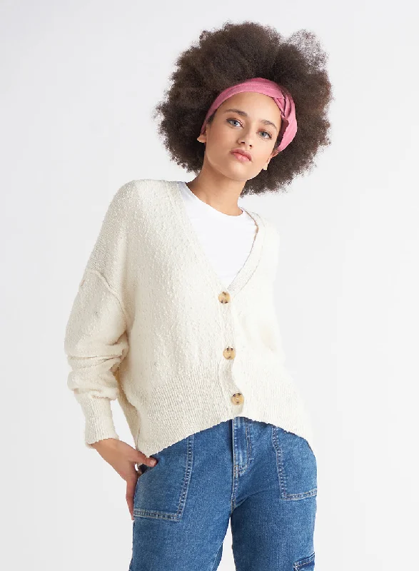 Boucle Button Front Cardigan Houndstooth Herringbone Solid