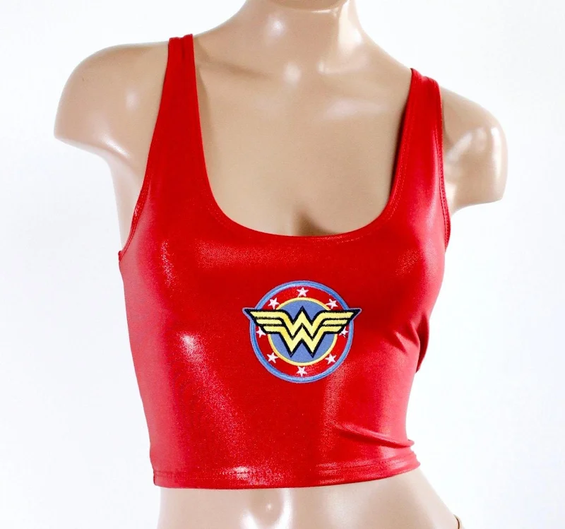 Star Superheroine Crop Tank with Red Stars Emblem Patch black tank top