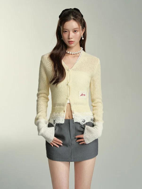 Lace Destroyed Mohair Chick Yellow Knitted Cardigan SOM0058 Fitted Slim Tailored