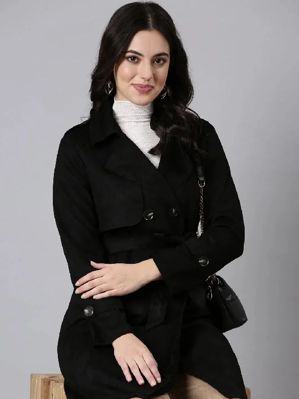Women Solid Longline Black Trench Coat comes with Belt-23910-Black Houndstooth Coat Plaid Coat Tartan Coat