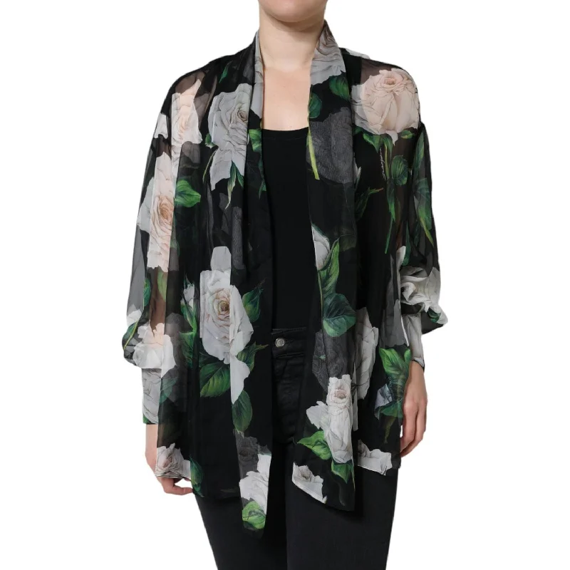 Dolce & Gabbana Black Floral Print Silk Cardigan Blouse Top Herringbone Houndstooth Plaid Dolce & Gabbana Black Floral Print Silk Cardigan Blouse Top Herringbone Houndstooth Plaid