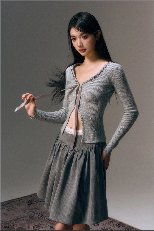Waist Open V-Neck Ribbon Wool Mix Cardigan AGM0053 Oversized Loose Flowy