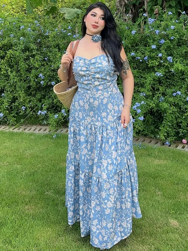 Naya Floral Blue Plus Size French Slip A-Line Long Maxi Dress + Long Sleeve Cardigan Set Boxy Cardigan Fitted Cardigan A-Line