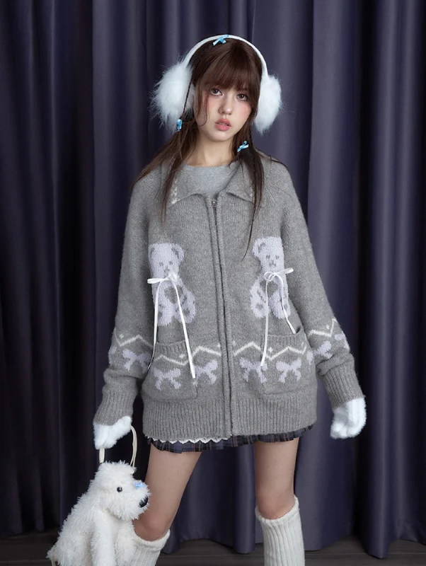Snowflake Gray Bear Fair Isle Sweater Cardigan SAG0190 Polka Dot Checkered Tartan