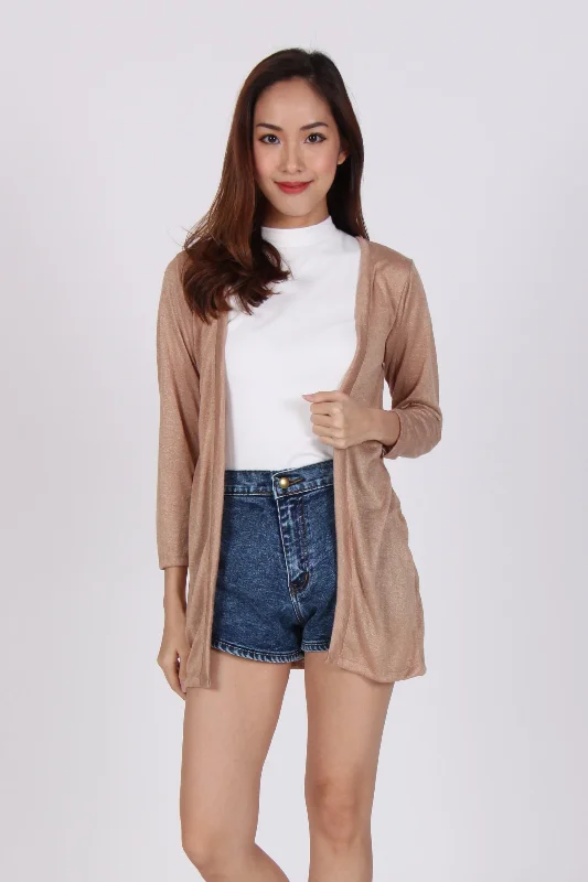 Quarter Sleeve Knit Cardigan In Beige Hooded Caped Shawl Collar
