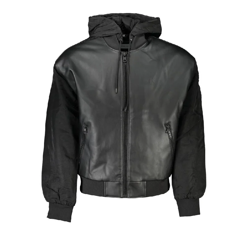 Sleek Black Hooded Jacket With Contrasting Details Faux Fur Fabric Real Fur Fabric Shearling Fabric