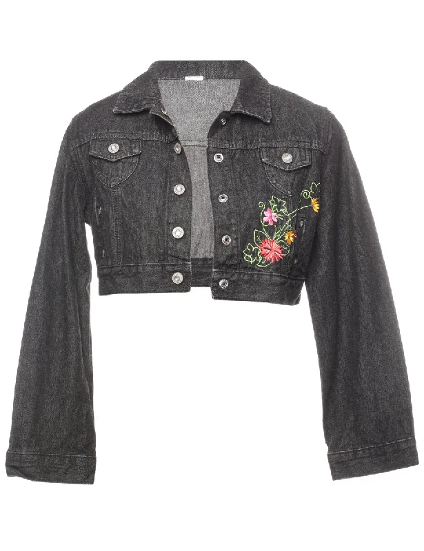 Embroidered Black Floral Design Cropped Y2K Denim Jacket - S