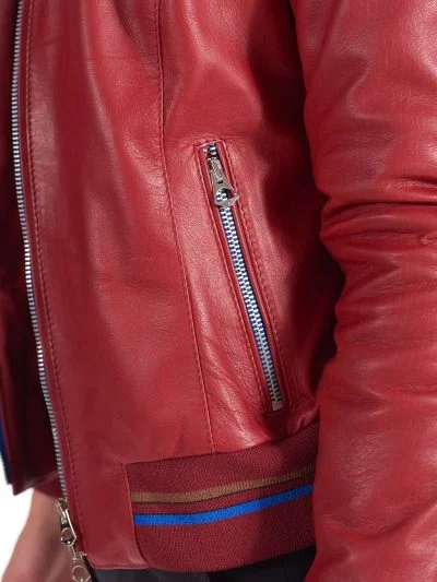 Women’s Red Bomber Hooded Leather Jacket