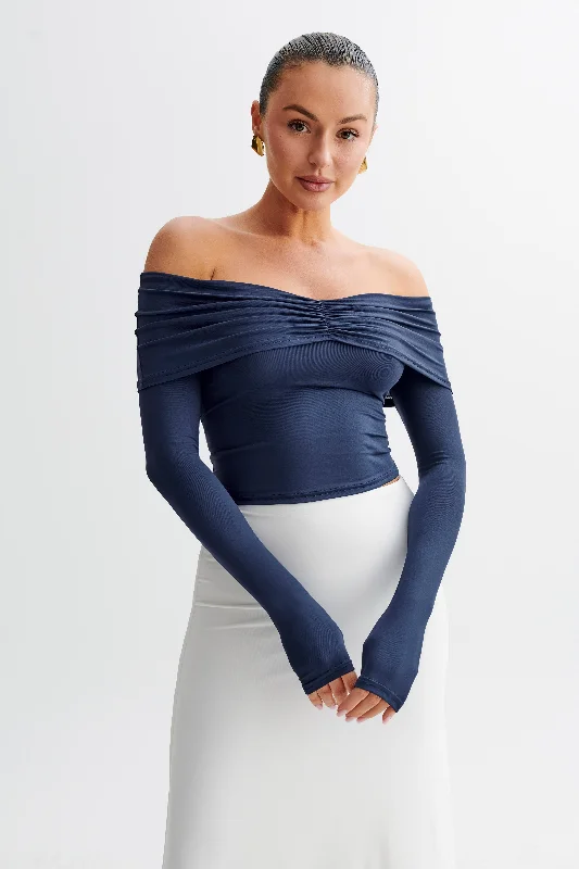 Prue Ruched Off Shoulder Long Sleeve Top - Navy