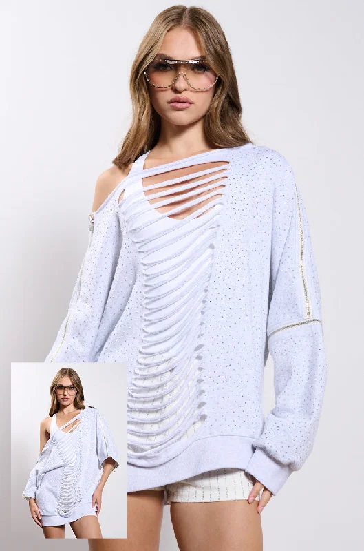 DISTRESSED OFF THE SHOULDER RHINESTONE EMBELLISHED SWEATSHIRT