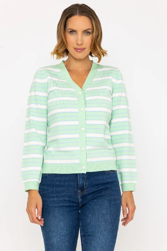 Green Stripe V-Neck Cardigan