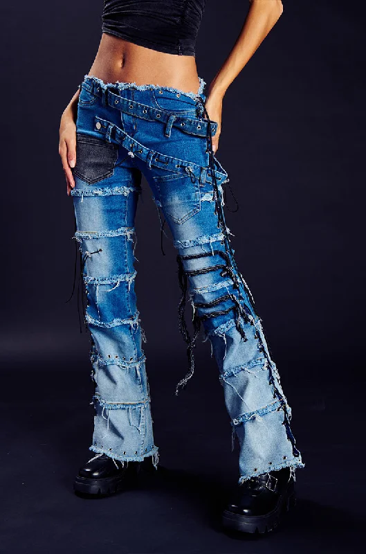 LAY LOW DISTRESSED DENIM FLARE PANT