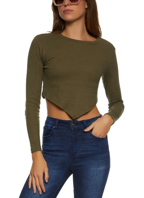 Rib Knit Long Sleeve Hanky Hem Top