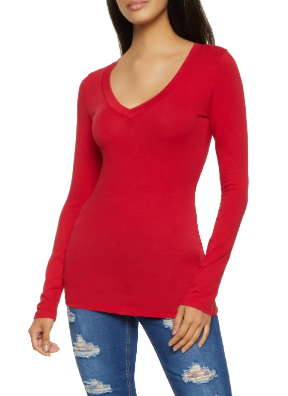 Solid V Neck Long Sleeve Top