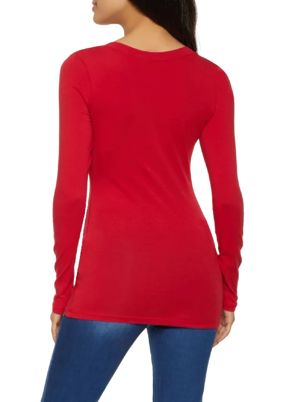 Solid V Neck Long Sleeve Top