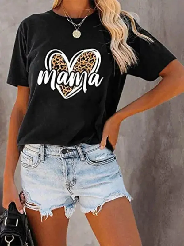 Women’s Leopard Print Heart MAMA Mother’s Day T-Shirt