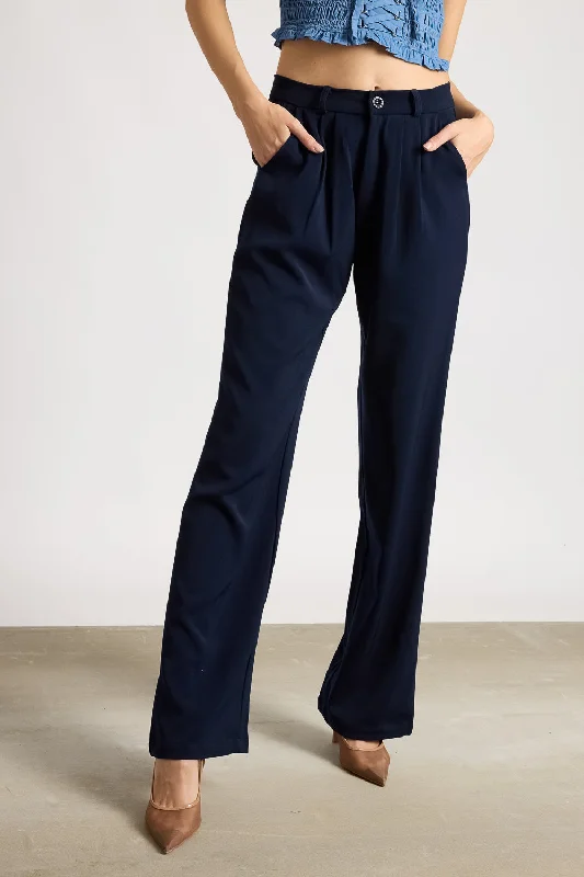 Women's Pleated Navy Blue Korean Pant