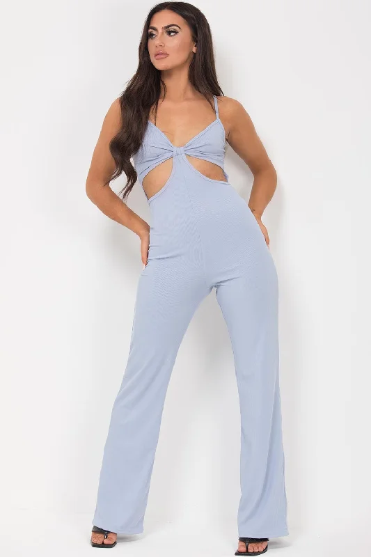 Cut Out Front Rib Jumpsuit Blue