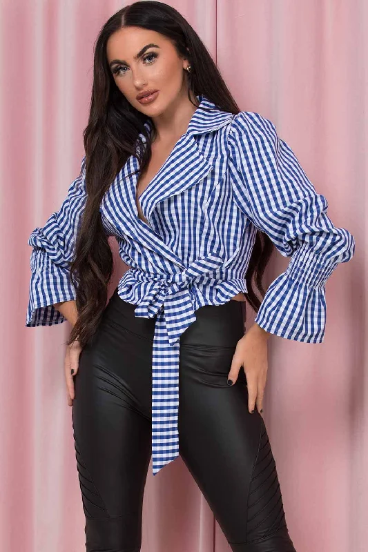 Blue Gingham Wrap Top With Long Sleeves