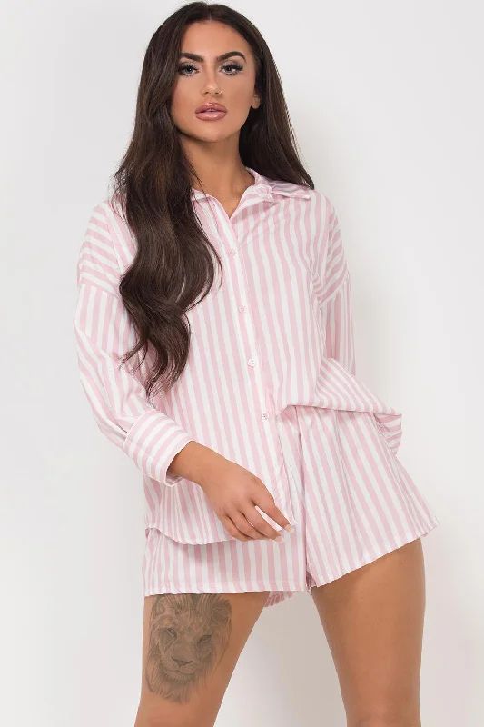 Pink Striped Oversized Shirt And Shorts Set