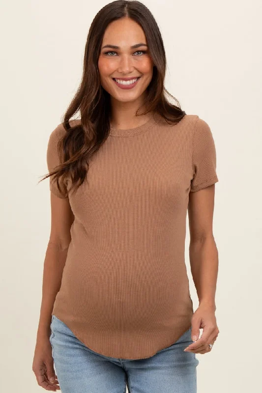 Camel Ribbed Short Sleeve Curved Hem Maternity Top