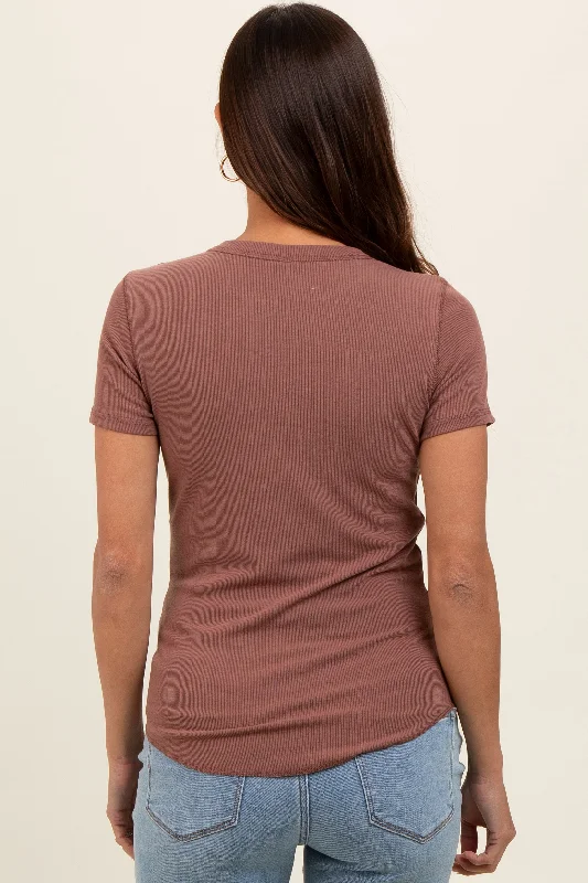 Mauve Ribbed Short Sleeve Curved Hem Maternity Top