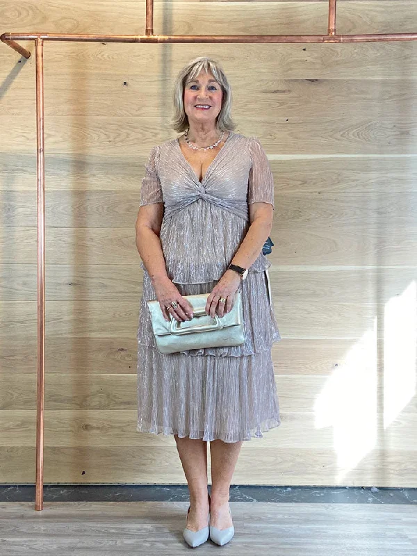 Adrianna Papell Metallic Mesh Tier Dress Taupe