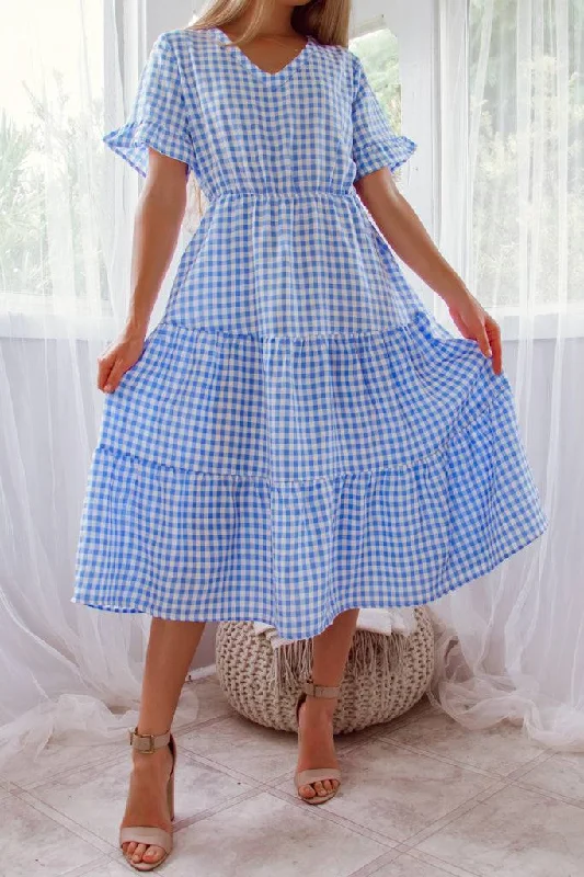 AMORINI NESSIA DRESS GINGHAM DRESS BLUE
