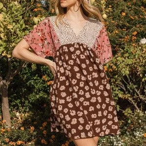 Mixed Print V-Neck Dress
