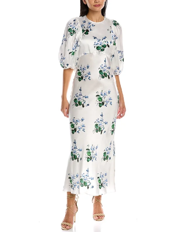 Les Rêveries Puff Sleeve Bias-Cut Silk Dress