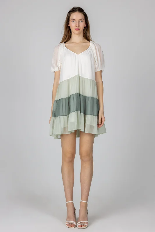 Women's Puff Sleeve Colorblock Dress