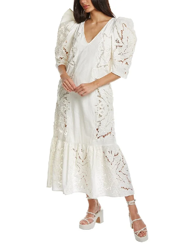 SEA NY Anita Eyelet V-Neck Linen-Blend Dress