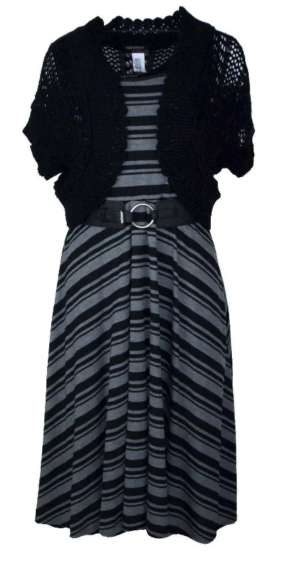 Signature by Robbie Bee Women's Belted Striped Asymmetrical Hem 2PC Dress, Black, PS