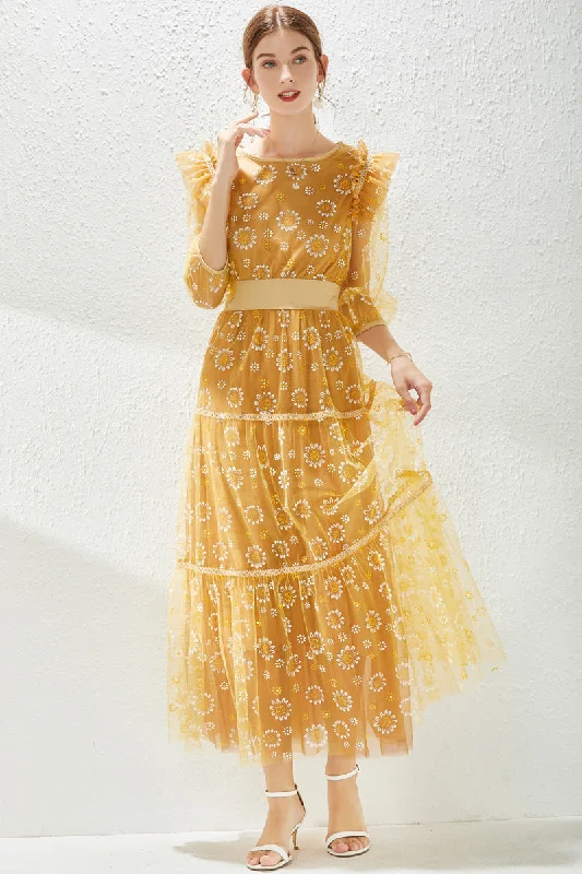 Yellow Cocktail A-line Boatneck Elbow Sleeve Tea Lace Dress
