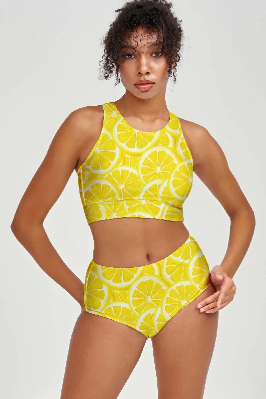 A Piece of Sun Carly Yellow Lemon High Neck Crop Bikini Top - Women Ribbed bikini bottom, Comfortable, Chic, Trendy A Piece of Sun Carly Yellow Lemon High Neck Crop Bikini Top - Women Ribbed bikini bottom, Comfortable, Chic, Trendy