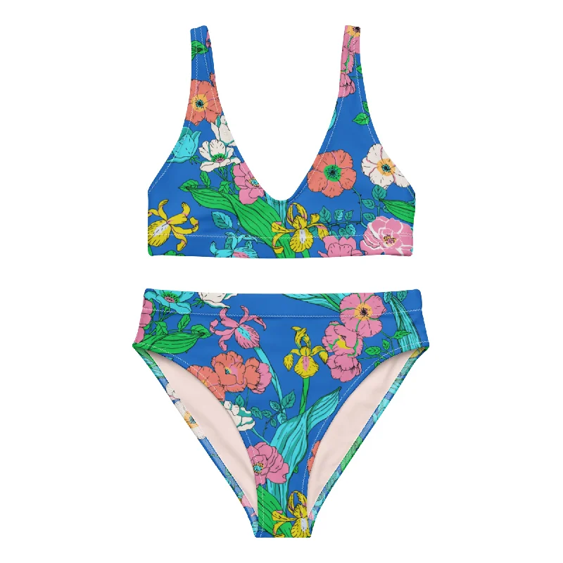 Eco-Friendly Recycled High-Waist Bralette Bikini Set, Electric Blue Paradise Bikini set, Matching top and bottom, Trendy, Comfortable