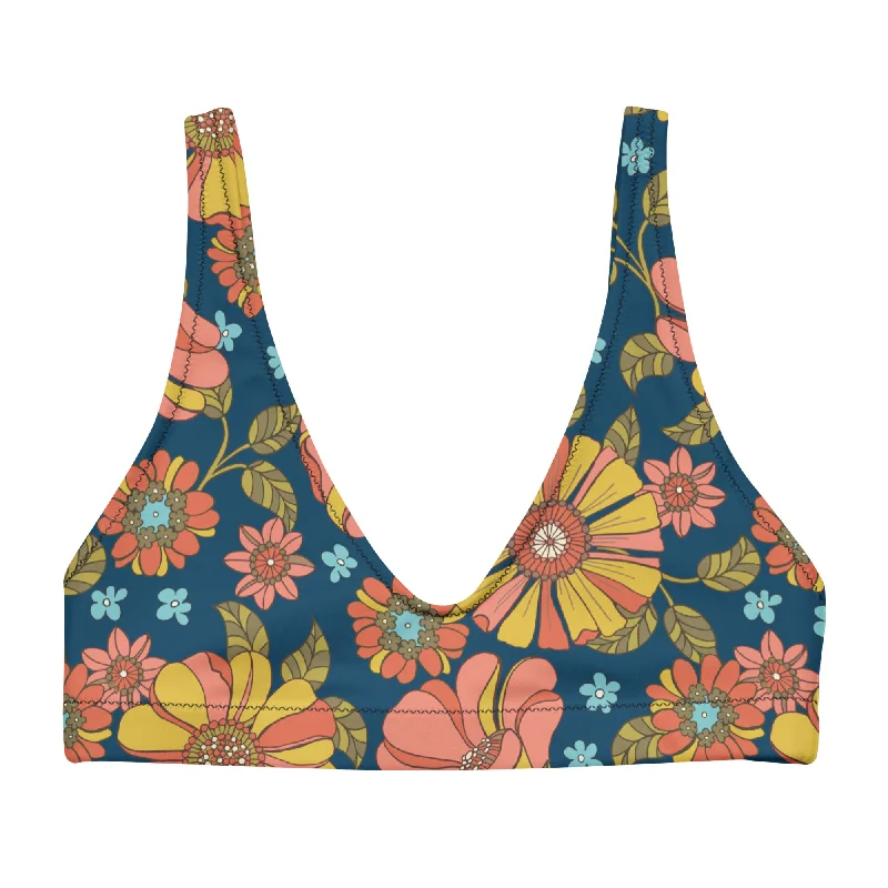 Eco-Friendly Recycled Padded Bikini Bralette Top - 70s Retro Vintage Floral Strappy bikini top, Trendy, Sexy, Chic Eco-Friendly Recycled Padded Bikini Bralette Top - 70s Retro Vintage Floral Strappy bikini top, Trendy, Sexy, Chic