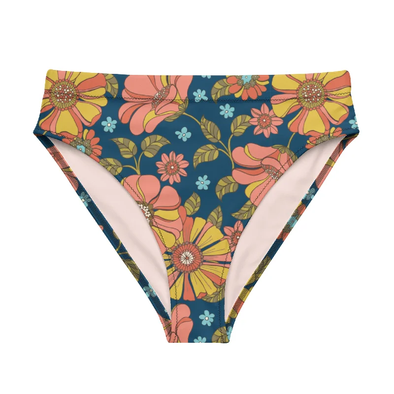 High Rise Eco-Friendly Recycled Bikini Bottom - 70s Vintage Floral Tie-dye bikini, Fun design, Colorful, Trendy High Rise Eco-Friendly Recycled Bikini Bottom - 70s Vintage Floral Tie-dye bikini, Fun design, Colorful, Trendy