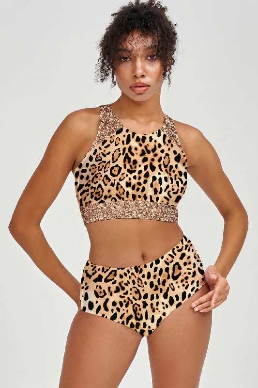 Let's Go Wild Carly Brown & Gold High Neck Crop Bikini Top - Women Back tie bikini, Sexy, Trendy, Comfortable Let's Go Wild Carly Brown & Gold High Neck Crop Bikini Top - Women Back tie bikini, Sexy, Trendy, Comfortable
