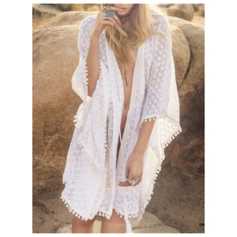 oem Bikini 2023 Trend White Cardigan Beach Cover Up for Women Lace Tassel Bikini Coverup Female Pareo Tunic Tunicas Mujer Verano Classic bikini set, Comfortable, Stylish, Sexy