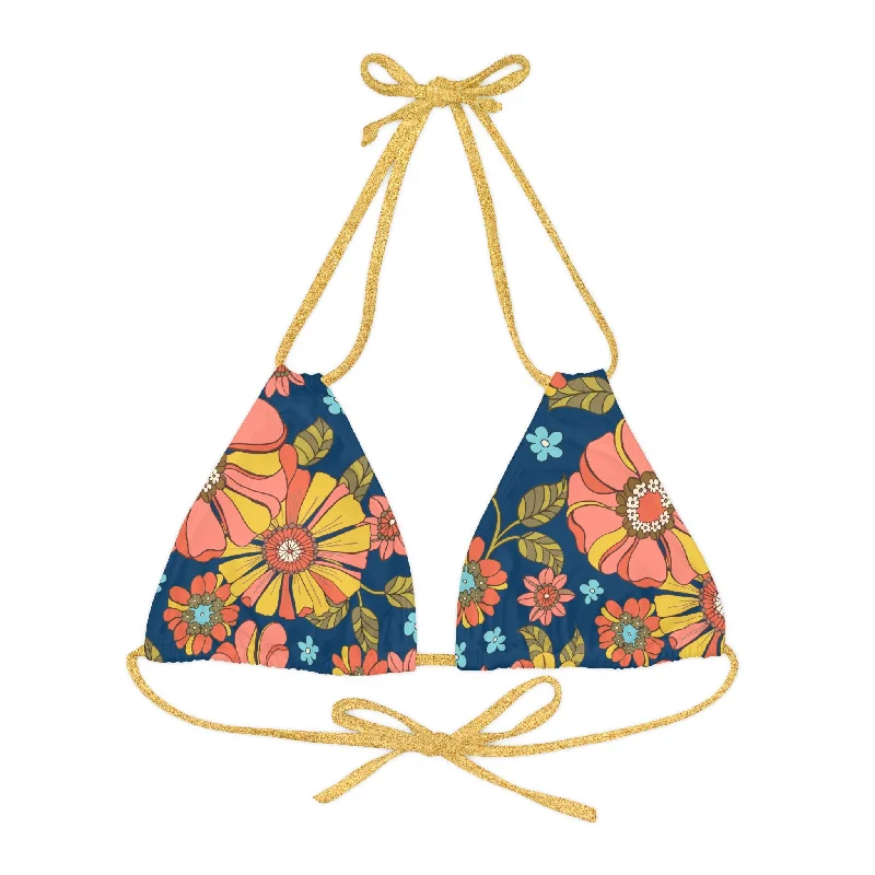 Women's 70s Retro Floral Print Bikini Top Lace trim bikini, Feminine, Chic, Sexy