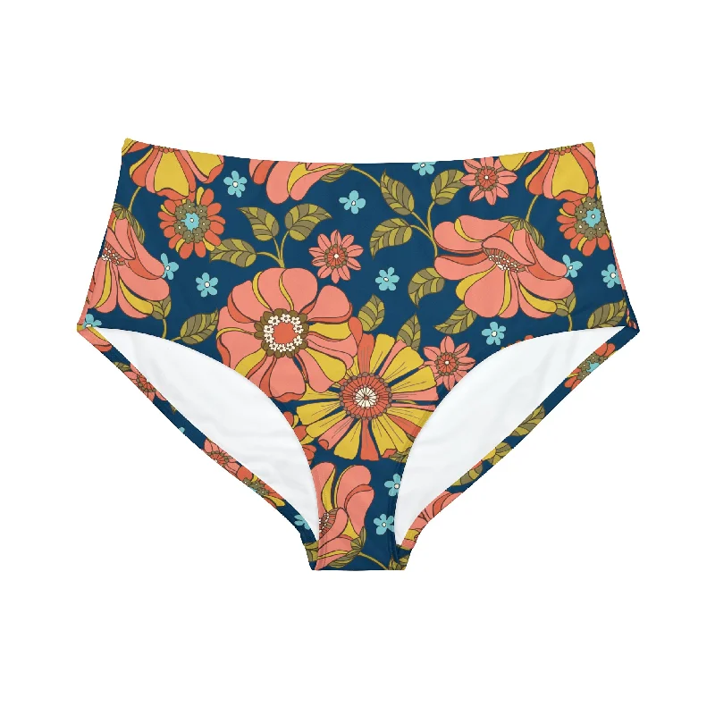 Women's High-Waist Bikini Bottom, 70's Retro Floral Mesh insert bikini, Sexy, Chic, Trendy Women's High-Waist Bikini Bottom, 70's Retro Floral Mesh insert bikini, Sexy, Chic, Trendy
