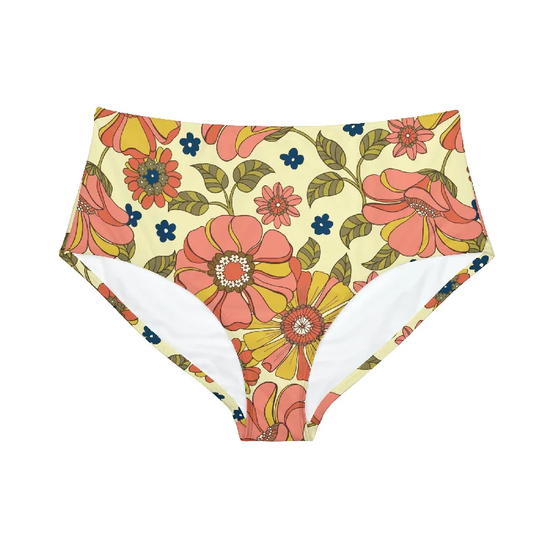 Women's High-Waist Bikini Bottoms, 70s Retro Floral High-neck bikini, Chic, Sexy, Comfortable