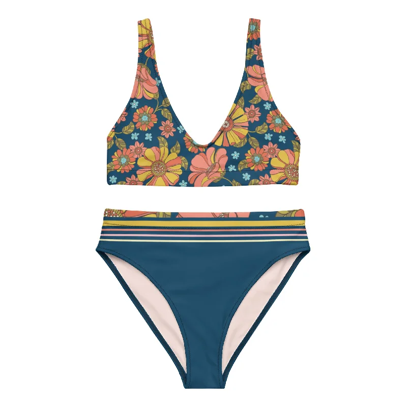 Women's Recycled High Waist Bikini Set 70s Retro Floral Ruched top bikini, Trendy, Sexy, Comfortable Women's Recycled High Waist Bikini Set 70s Retro Floral Ruched top bikini, Trendy, Sexy, Comfortable